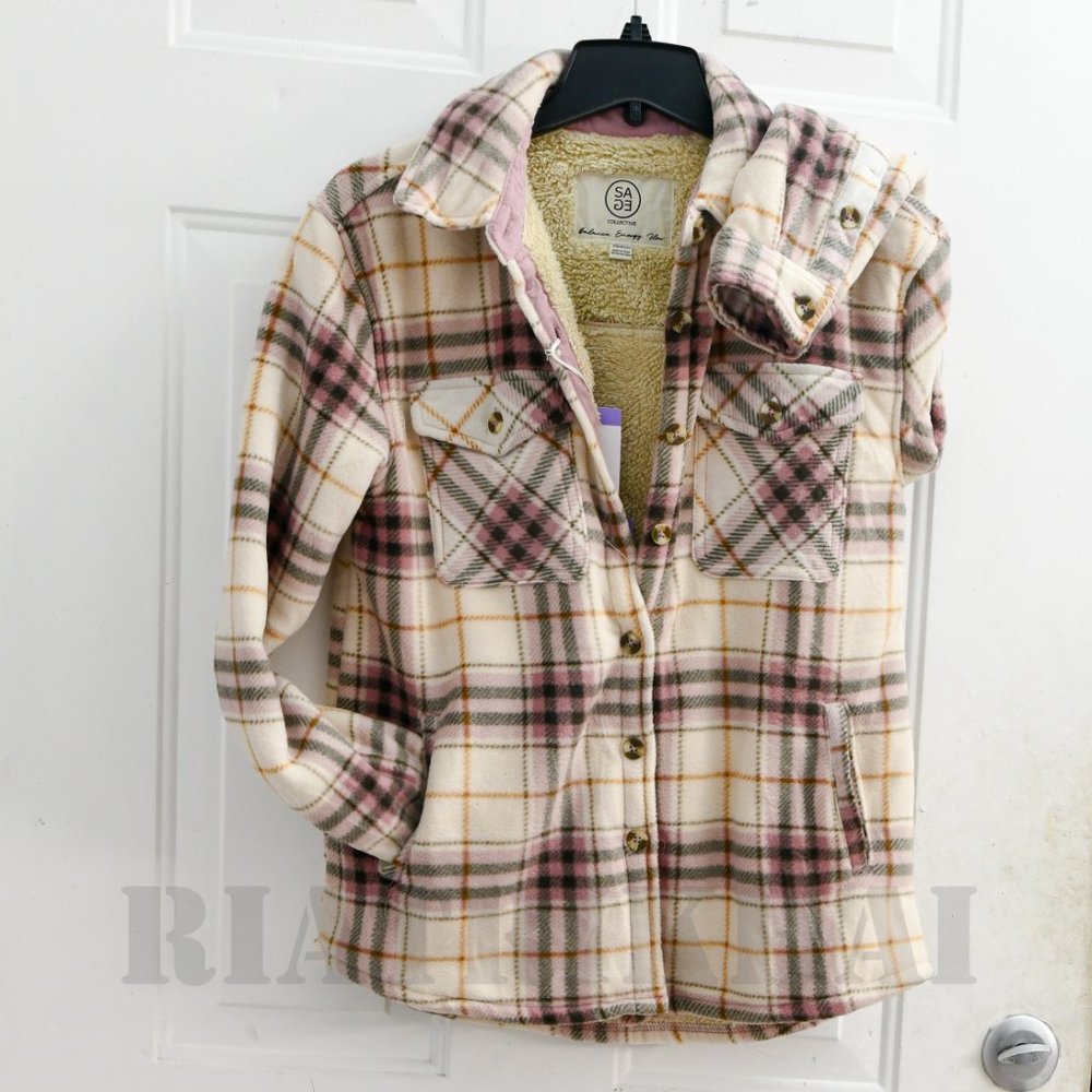 PINK NW T Sage Ladies' Plush Plaid Shirt Jacket - Picture 3 of 6